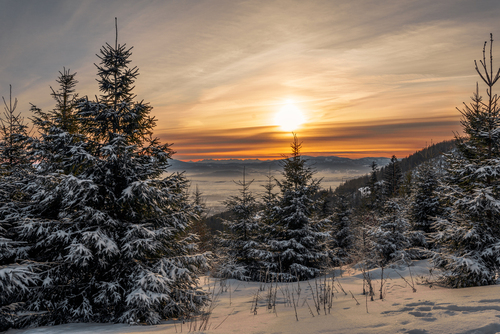 Beskidzki, zimowy wschód słońca z tatrzańskimi szczytami w tle.