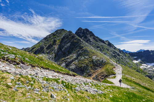 Turysta idący szlakiem górskim w polskich Tatrach.