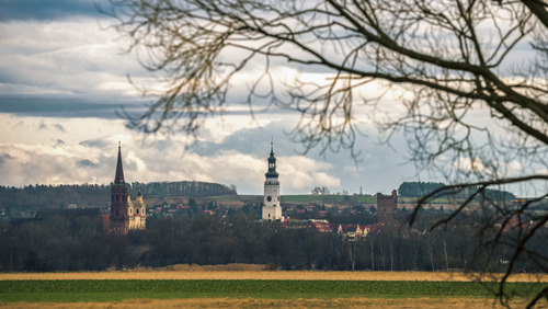 Panorama miasta Głogów, po lewej Kolegiata, kościół Bożego Ciała, dalej ratusz miejski, po prawej ruiny kościoła św. Mikołaja.