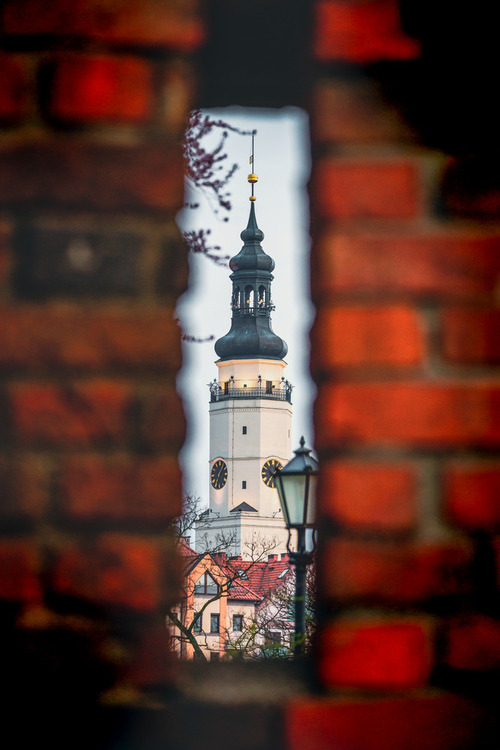 Ratusz w Głogowie, woj. dolnośląskie, widziany w okiennicy zabytkowych murów miejskich.