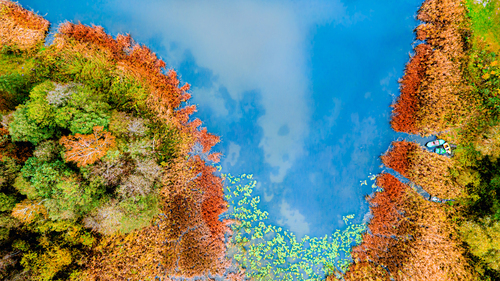 Piękne kolory jesieni, kolorowe drzewa, zacumowane łódki oraz odbijające się chmury w tafli wody.