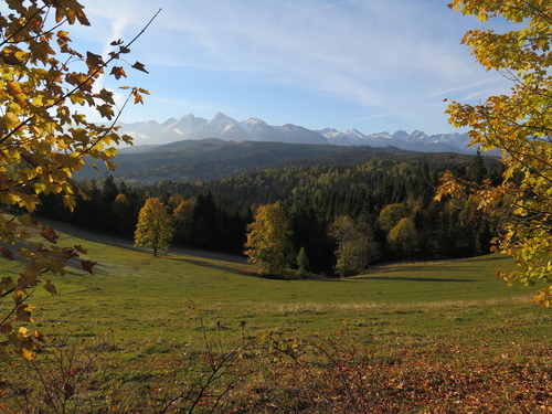 Jesień na Spiszu, widok z Przełęczy nad Łapszanką na Tatry.