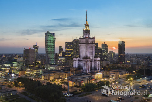 Sunset over Warsaw downtown district in summer time