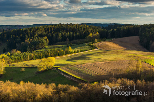 Wiosenny widok na drogę, łąki i lasy w Suwalskim Parku Krajobrazowym