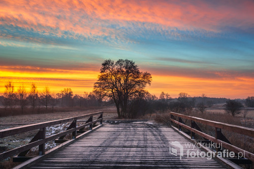 Wschód słońca nad drewnianym mostkiem