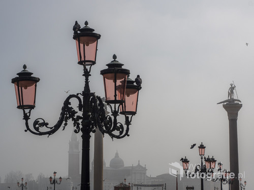Piękne lampy uliczne z różowego szkła murano to jeden ze znaków charakterystycznych placu św. Marka w Wenecji. 