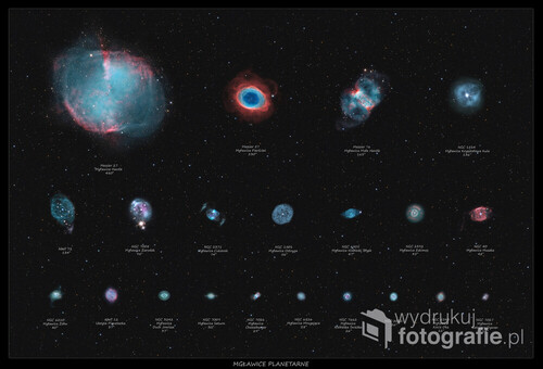 Mgławice planetarne - ostatni etap życia gwiazd, kiedy stygną, rosną do ogromnych rozmiarów i odrzucają swoje zewnętrzne warstwy tworząc kolorowe bąble zjonizowanych gazów. W środku mgławicy planetarnej pozostaje biały karzeł - jądro gwiazdy, które świeci dalej, jednak coraz słabej i słabiej aż w końcu stygnie i gaśnie po upływie miliardów miliardów lat...

Te przepiękne mgławice możemy fotografować jedynie używając specjalnych technik i sprzętu pozwalającego na odwzorowanie ich drobnego szczegółu.

Na załączonej kompozycji - wykonanej w wysokiej rozdzielczości 41 MPix - możecie zobaczyć najpiękniejsze i najbardziej znane mgławice planetarne nieba północnego.
Zdjęcia do kompozycji wykonałem w latach 2017-2020