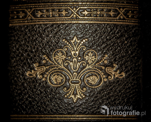 Grzbiet starej księgi z pięknie tłoczonymi i zdobionymi złotem ornamentami