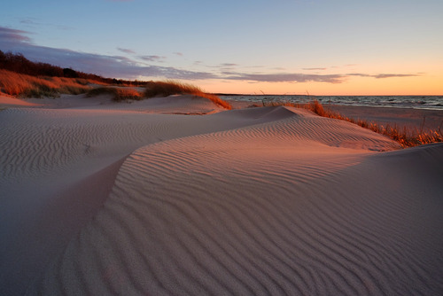 Wydmy na wybrzeżu Morza Bałtyckiego, skąpane w ostatnich promieniach zachodzącego słońca, Kołobrzeg, Polska.