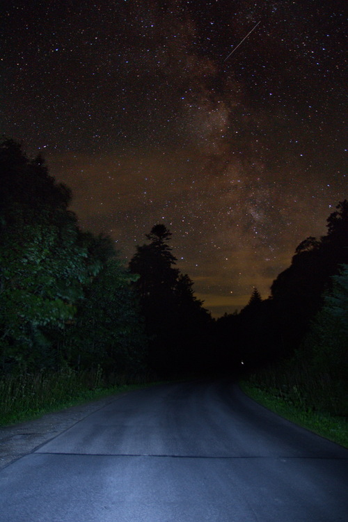Zdjęcie przedstawia Drogę Mleczną oraz spadającą ''gwiazdę'' w sierpniu 2021 roku. Miejscowość to okolice Muczne w Bieszczadach 