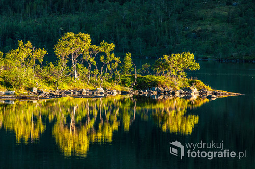 Zdjęcie zostało wykonane w północnej Norwegii, skłaniające się ku zachodowi słońce oświetlało małą wysepkę umieszczoną na środku jeziora, które tego dnia było bardzo spokojne  dzięki czemu możemy zobaczyć to piękne odbicie lustrzane na tafli wody.