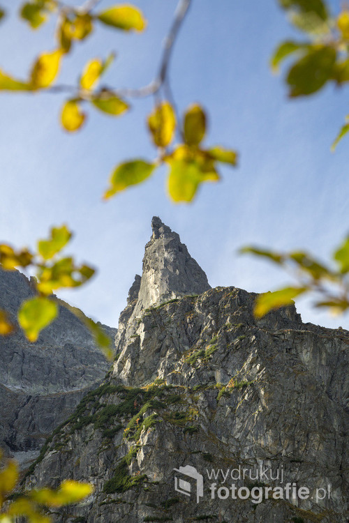 Mnich - tatrzański szczyt znany wszystkim odwiedzającym Morskie Oko, także popularny cel wspinaczkowy. W dużym powiększeniu widać dwie osoby zdobywające szczyt. Zdjęcie wykonane w p[październiku, więc jak widać po liściach, już w jesiennych kolorach.