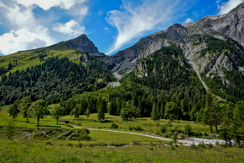 Zdjęcie zrobione w górach w Bawarii. Na fotografii widać niesamowite Alpy i zielone lasy.