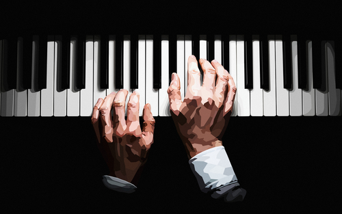 Grafika przedstawiająca ręce muzyka na klawiaturze pianina. 