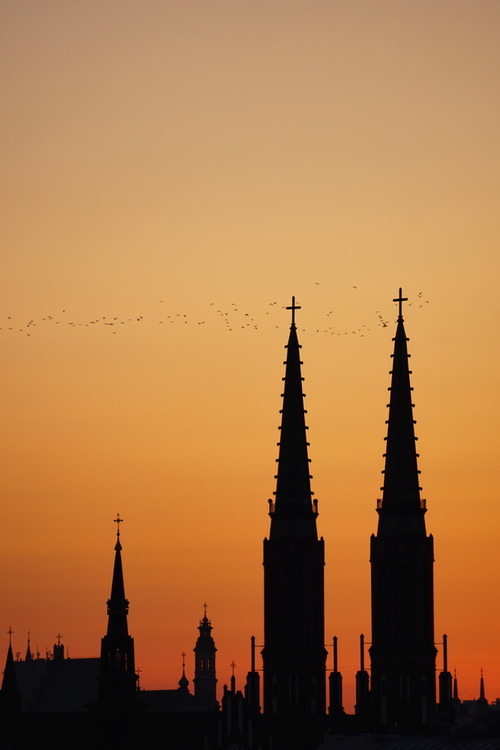 Zarysy wież Bazyliki katedralnej św. Michała Archanioła i św. Floriana Męczennika na warszawskiej Pradze na tle pomarańczowego nieba po zachodzie słońca.