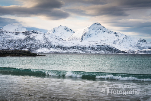 Waves of the cold sea with snowy peaks in the background Tromso, Norway