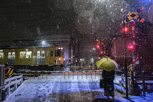 Railroad Crossing on snowy day in Tokyo