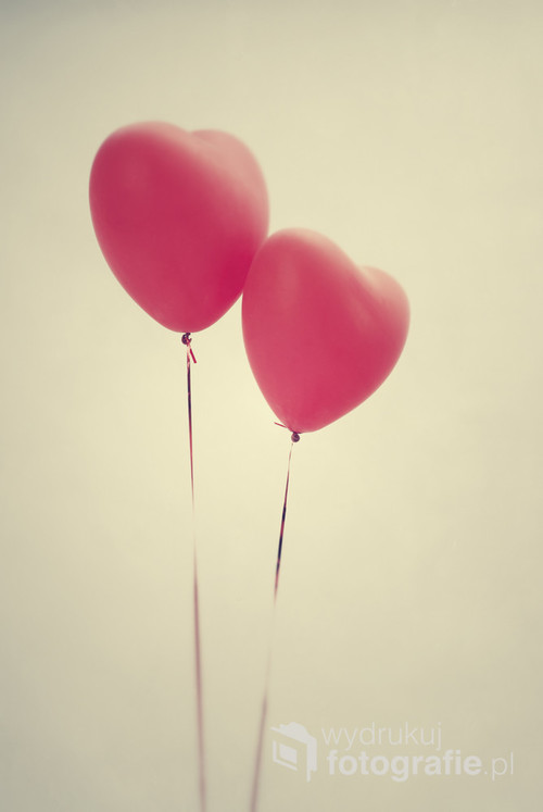 Two red heart's like balloons on soft yellow background.Two red helium balloons, heart shape on soft grey-yellow background, with open space for Valentine's Day text. Vertical.