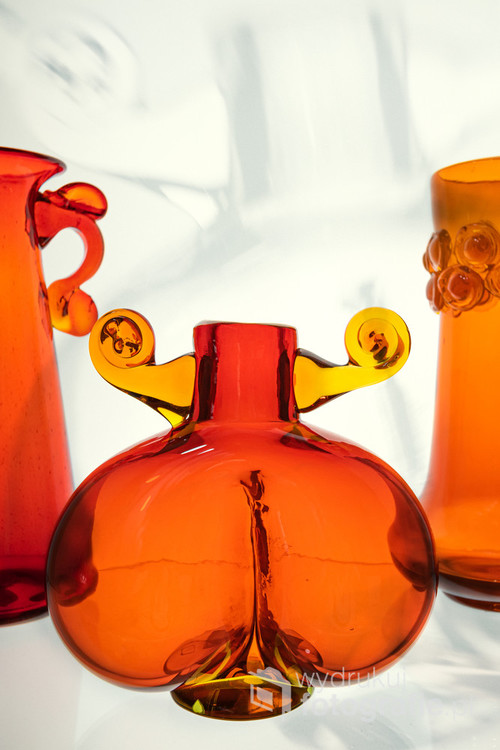 Artistic orange  glass composition - vases. Fashionable designs of the Seventies..  Blown glass.
