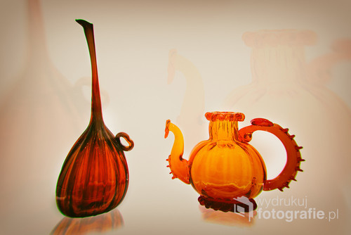 Artistic glass composition - two jugs.  Fashionable designs of the Seventies..  Blown glass.