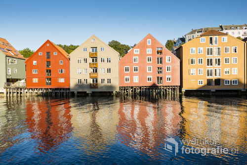 Cityscape of Trondheim, Norway. Colorful Houses on the water.