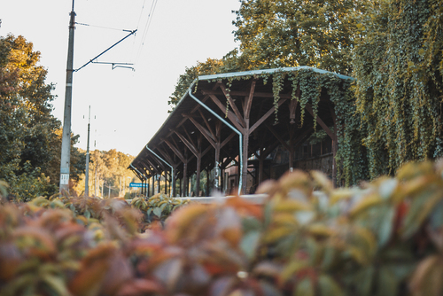 Bystrzycki dworzec kolejowy w Bystrzycy letnio jesienną porą, kiedy liście nabierają barw ale jeszcze nie zaczynają opadać. Oczywiście nie chodzimy po torach ! 