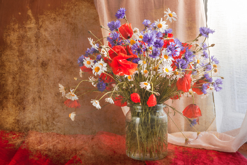 Still life with bouquet of colorful wild flowers