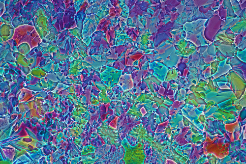 Fotografia przedstawia skrystalizowaną mieszaninę hydrochinonu, erytrytolu i TRIS. Zdjęcie wykonano przy użyciu mikroskopu, w świetle spolaryzowanym, w powiększeniu 200 X 