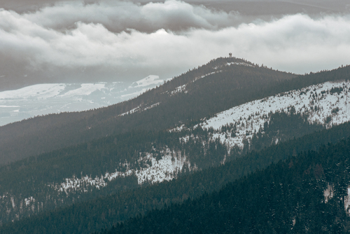 Zimowy Masyw Śnieżnika - widok na wieżę na Trójmorskim Wierchu